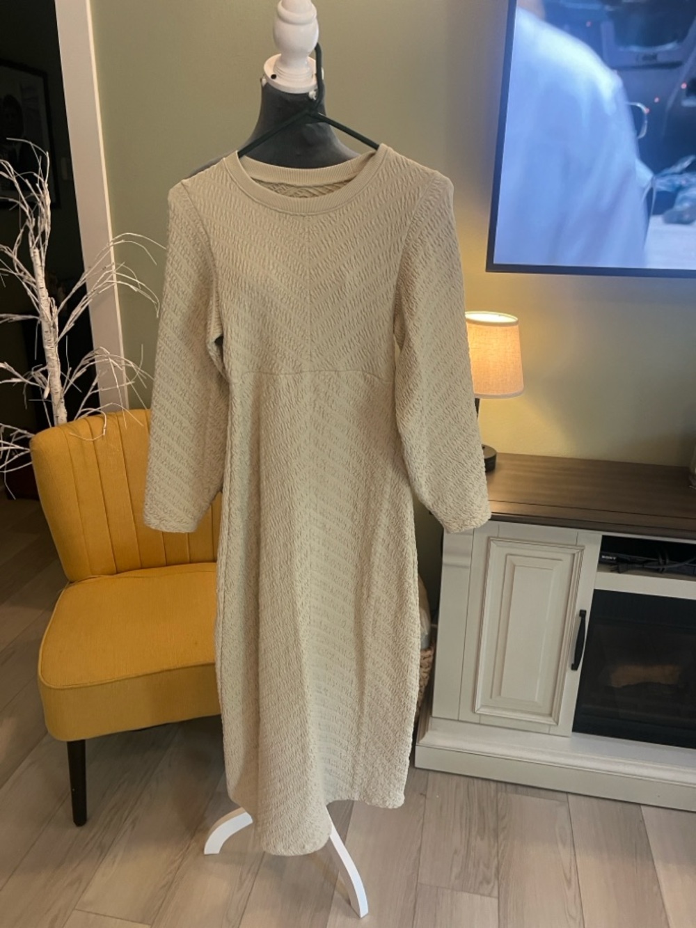 Free People Cream Textured Long-Sleeve Midi Dress